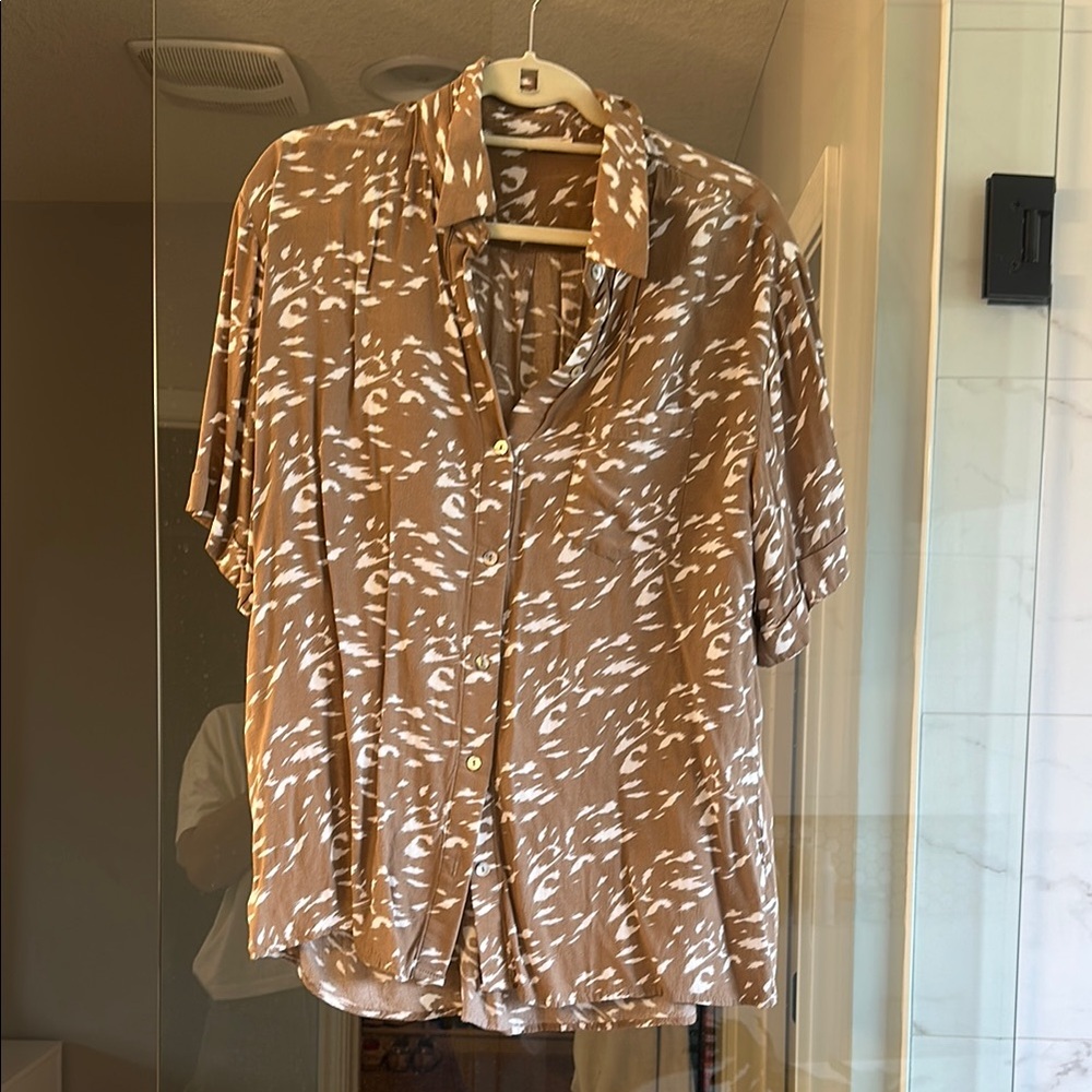 Tan Short Sleeve Boxy Button Down Shirt